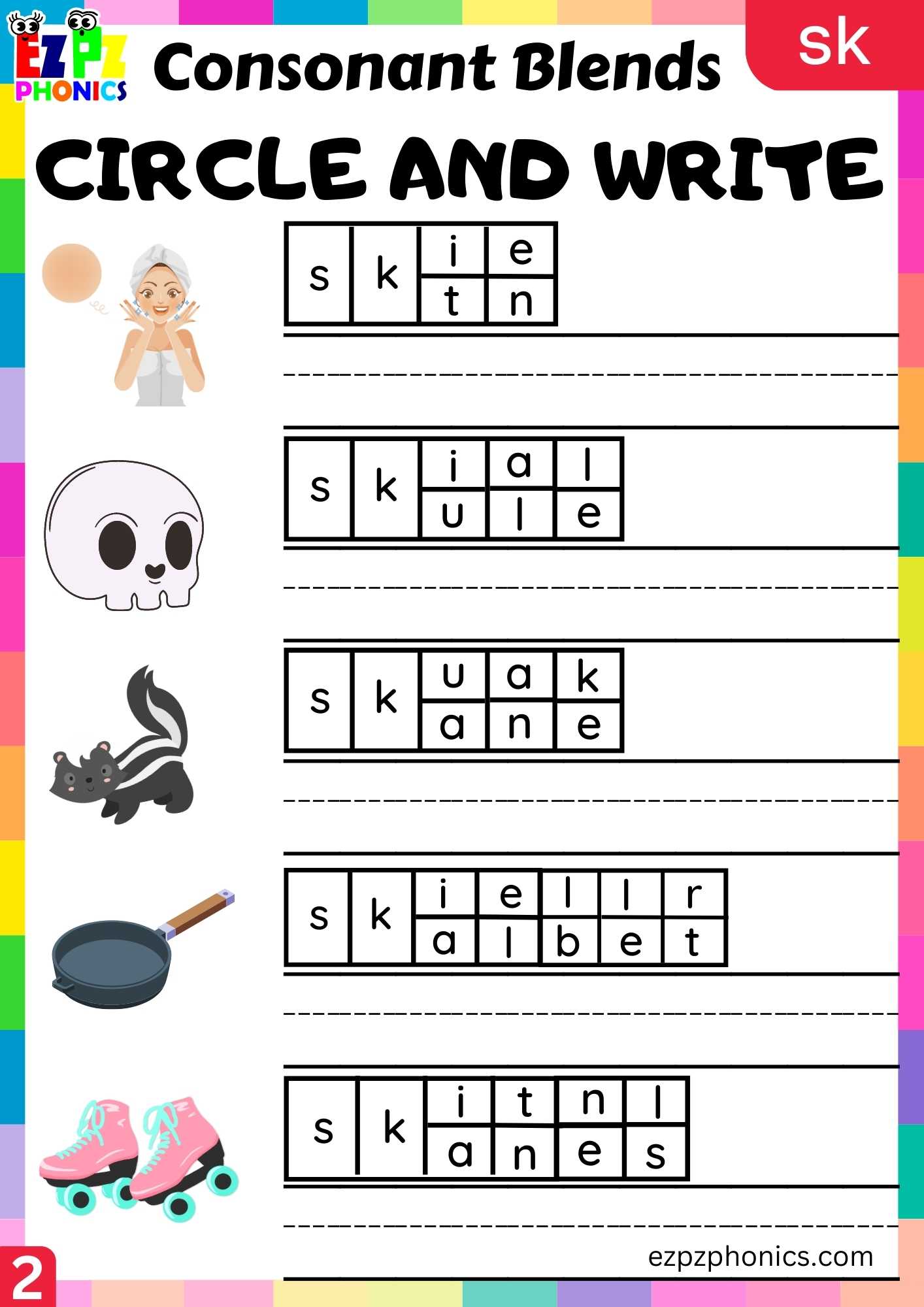 Group Sk Words Circle And Write Phonics Consonant Blends Worksheet